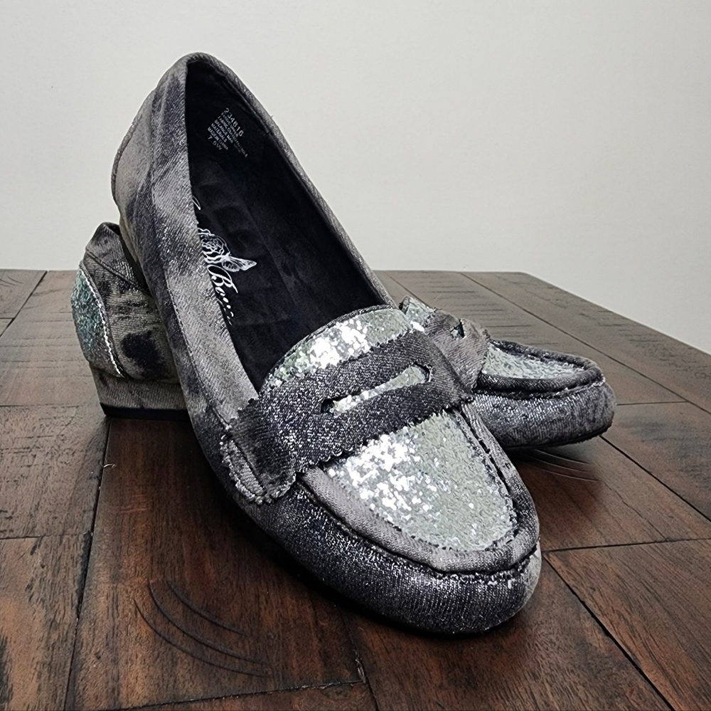 Joan Boyce Black & Gray Distressed Denim Glitter Penny Loafers Sz 7.5W Grunge